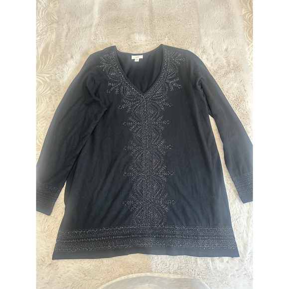 J. Jill Tops - J Jill Top Womens M‎ Black Floral Embroidered Thermal Waffle Knit Long Sleeve